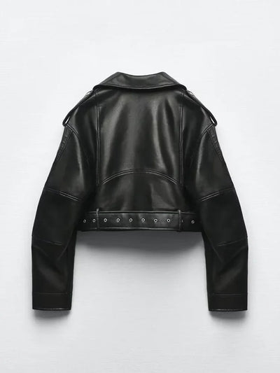 Leather Short Jacket with Belt Streetwear