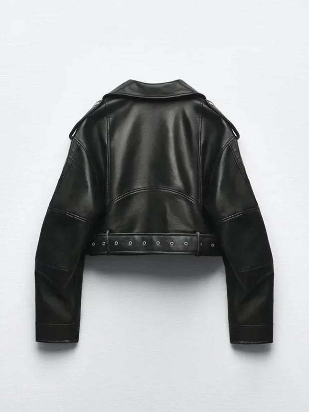 Leather Short Jacket with Belt Streetwear