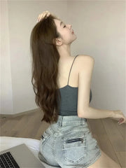 1 Pc Stylish Waist Pleated Corset - Soft support fixed chest pad sleeveless vest Sexy short top with thin straps Solid color