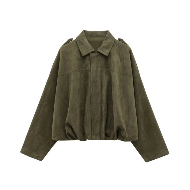 PB&ZA 2025 Women Faux Suede Collared Jacket with Shoulder Straps Loose Fit Stylish