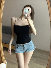 1 Pc Stylish Waist Pleated Corset - Soft support fixed chest pad sleeveless vest Sexy short top with thin straps Solid color