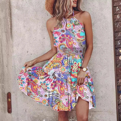 Elegant Floral Pleated H Shaped Midi Dress Female V Neck Puff Sleeve Waist Ruched Button Dresses Women Summer Dress