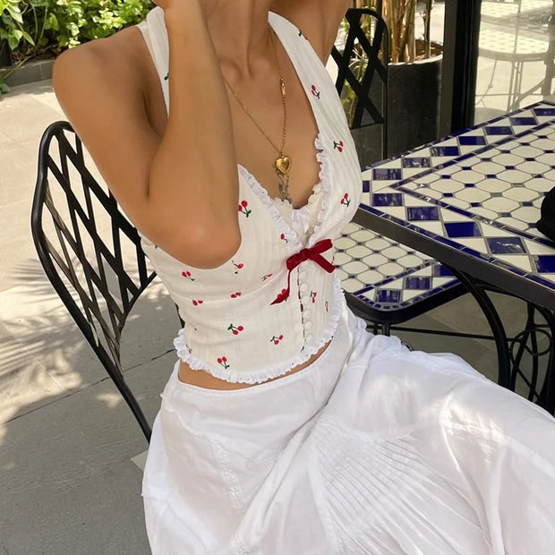 WhereMery Korean Fashion Print Halter Camis Tank Tops Summer Knitted Slim Fit Tank Top High Street Commuter Casual Women's Wear