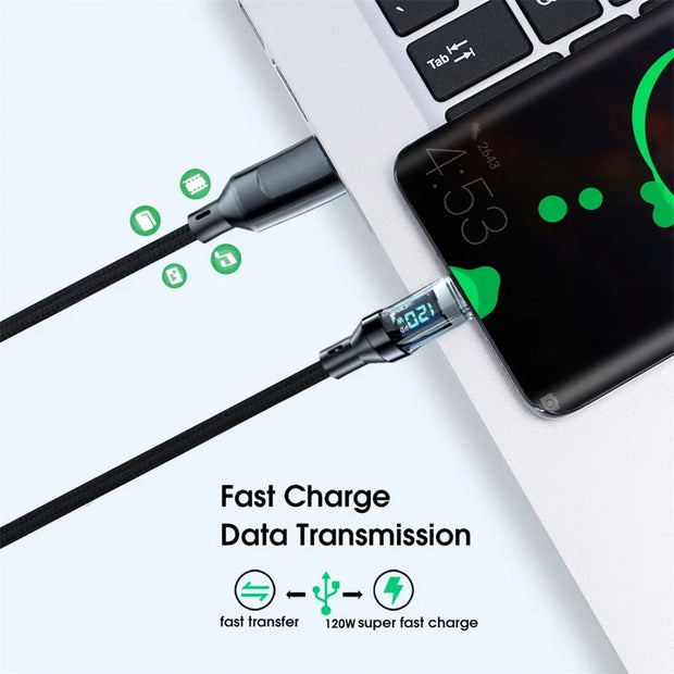 120W Type C to Type C Cable Phone Super Fast Charging Cable With LED Display USB To Type-C Data Cord For huawei oppo vivo