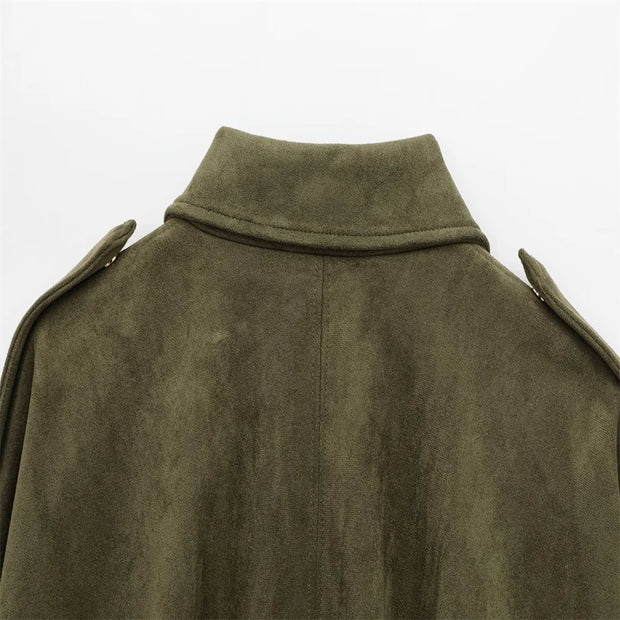 PB&ZA 2025 Women Faux Suede Collared Jacket with Shoulder Straps Loose Fit Stylish
