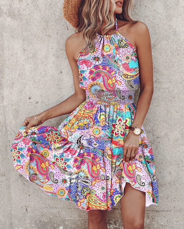 Elegant Floral Pleated H Shaped Midi Dress Female V Neck Puff Sleeve Waist Ruched Button Dresses Women Summer Dress