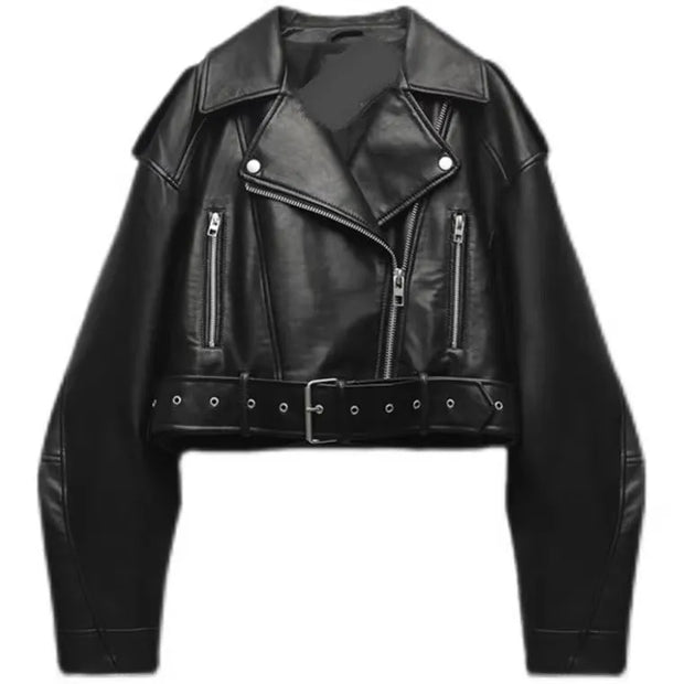 Leather Short Jacket with Belt Streetwear
