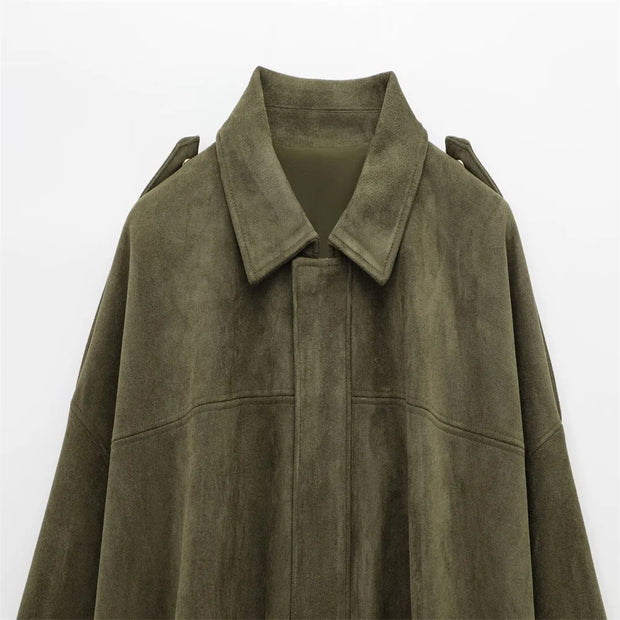 PB&ZA 2025 Women Faux Suede Collared Jacket with Shoulder Straps Loose Fit Stylish