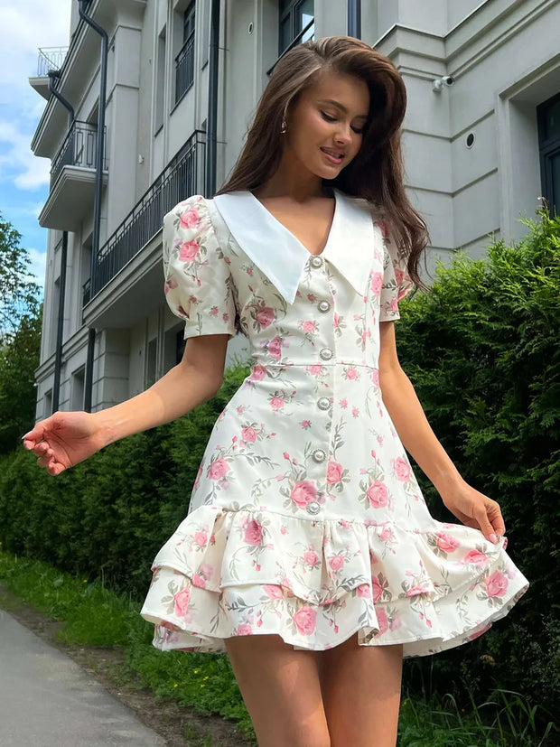 Tornova Print Puff Sleeves Ruffled Dress Women's V-Neck High Waist Pearl Buttons Mini Dress Female Casual Vacation Fashion Dress