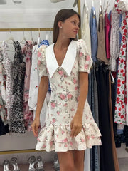 Tornova Print Puff Sleeves Ruffled Dress Women's V-Neck High Waist Pearl Buttons Mini Dress Female Casual Vacation Fashion Dress