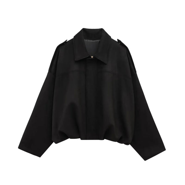 PB&ZA 2025 Women Faux Suede Collared Jacket with Shoulder Straps Loose Fit Stylish
