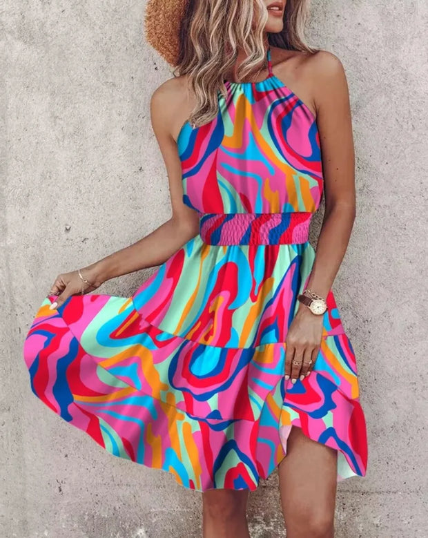 Elegant Floral Pleated H Shaped Midi Dress Female V Neck Puff Sleeve Waist Ruched Button Dresses Women Summer Dress