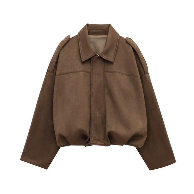 PB&ZA 2025 Women Faux Suede Collared Jacket with Shoulder Straps Loose Fit Stylish