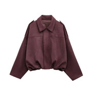 PB&ZA 2025 Women Faux Suede Collared Jacket with Shoulder Straps Loose Fit Stylish