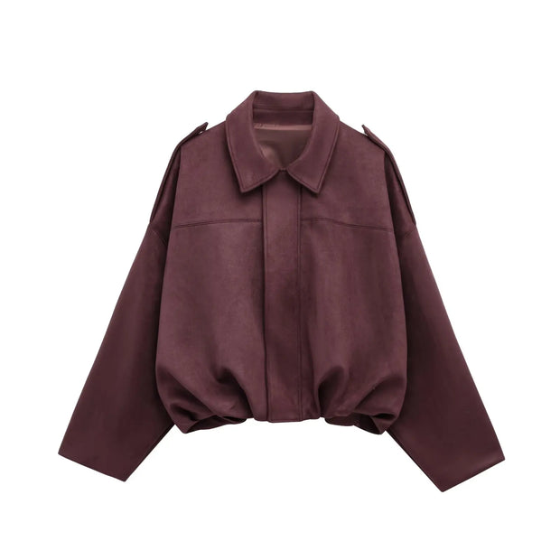 PB&ZA 2025 Women Faux Suede Collared Jacket with Shoulder Straps Loose Fit Stylish