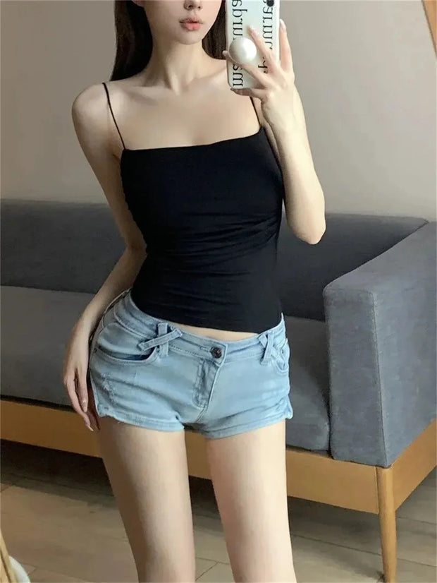 1 Pc Stylish Waist Pleated Corset - Soft support fixed chest pad sleeveless vest Sexy short top with thin straps Solid color