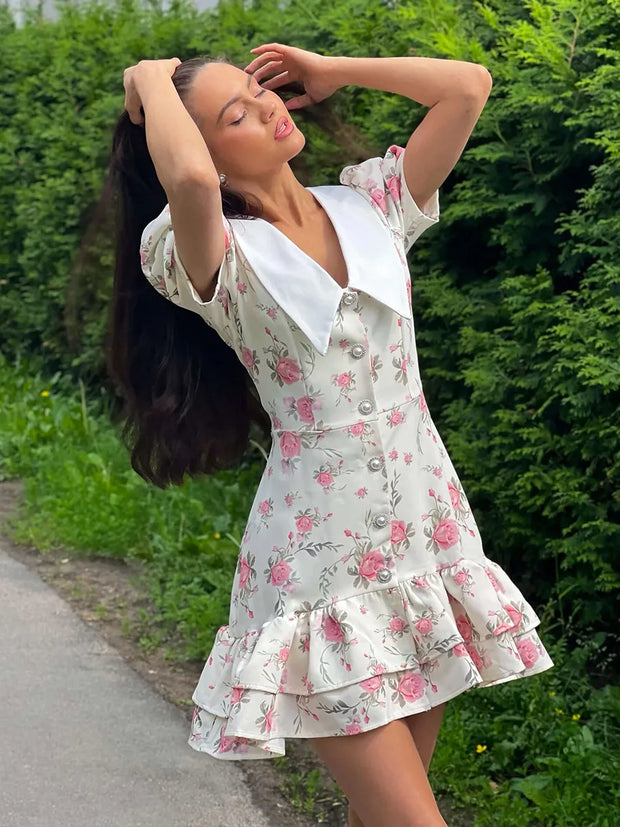 Tornova Print Puff Sleeves Ruffled Dress Women's V-Neck High Waist Pearl Buttons Mini Dress Female Casual Vacation Fashion Dress