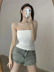 1 Pc Stylish Waist Pleated Corset - Soft support fixed chest pad sleeveless vest Sexy short top with thin straps Solid color