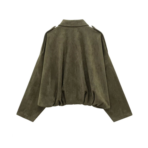 PB&ZA 2025 Women Faux Suede Collared Jacket with Shoulder Straps Loose Fit Stylish