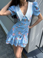 Tornova Print Puff Sleeves Ruffled Dress Women's V-Neck High Waist Pearl Buttons Mini Dress Female Casual Vacation Fashion Dress