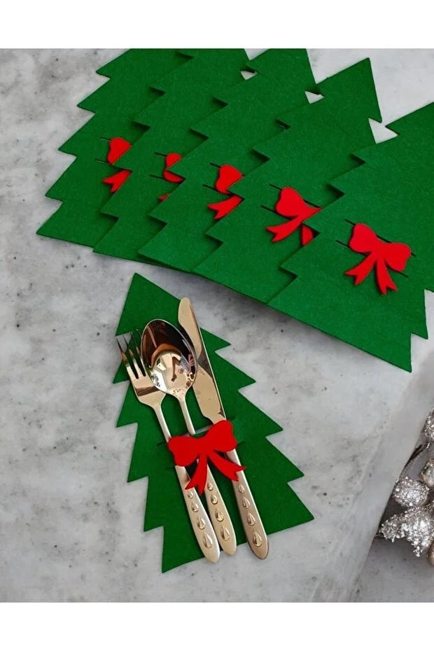 Set Of 6 Green Decorative Christmas Tree Napkin Holders Felt Table Decor Holiday Cutlery Holders